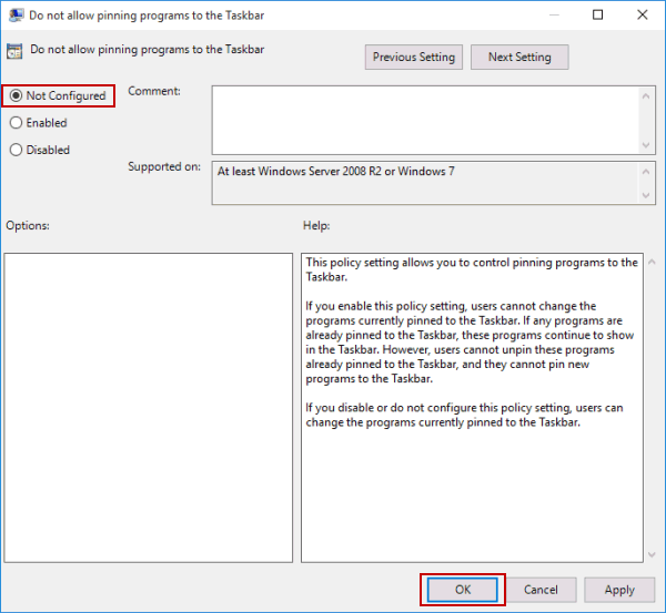 do not configure related taskbar setting