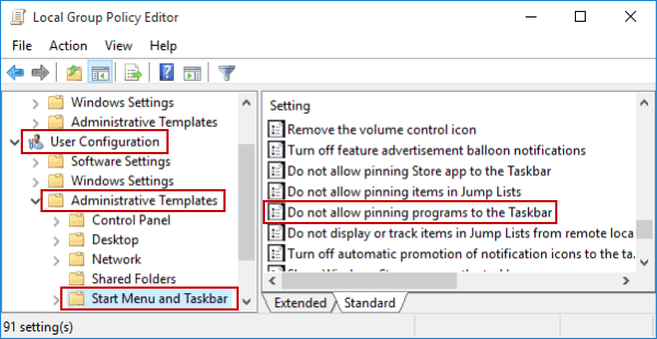open do not allow pinning programs to the taskbar