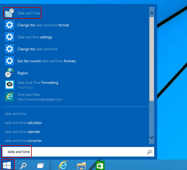 open Date and Time in start menu