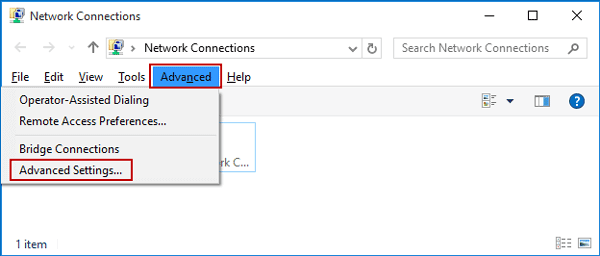 open network connection advanced settings