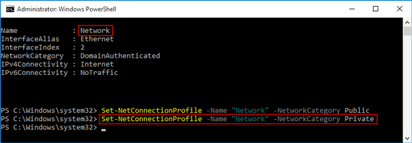 change network type with powershell command