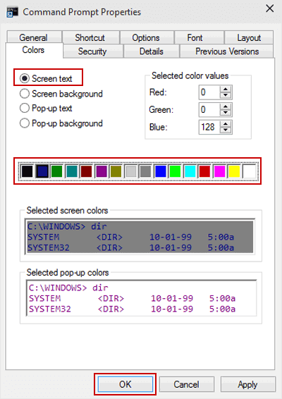 select screen text and choose color