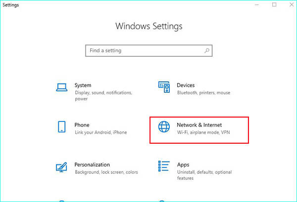 Access network and internet in Windows 10 settings