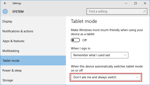 change tablet mode setting