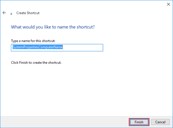 finish creating computer name settings shortcut