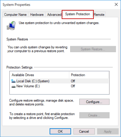 system protection settings
