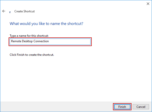 name remote desktop connection shortcut