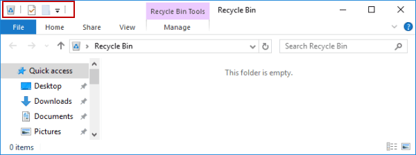 quick access toolbar of recycle bin