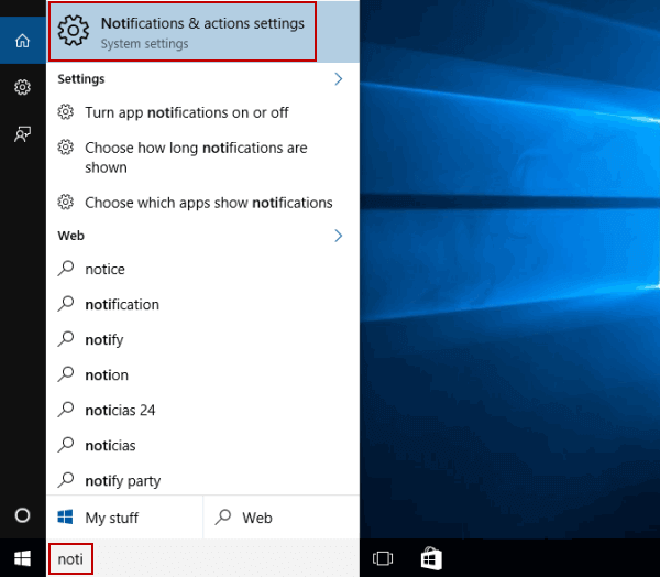 open notifications and actions settings