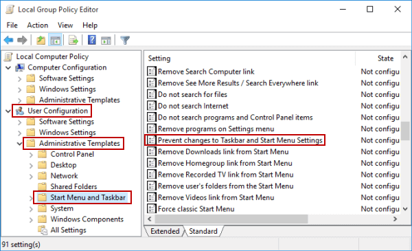access prevent settings on Group Policy Editor
