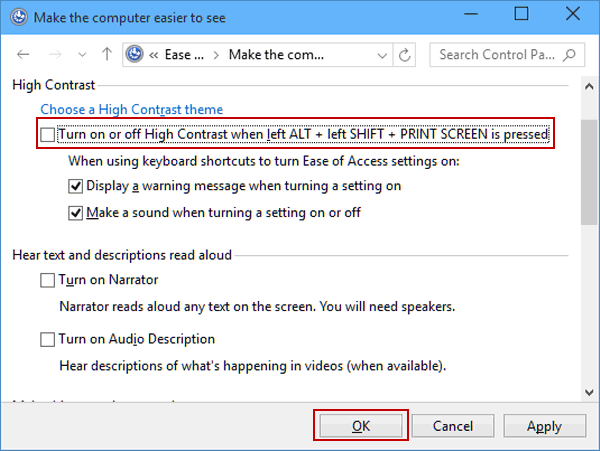 deselect related keyboard shortcut setting