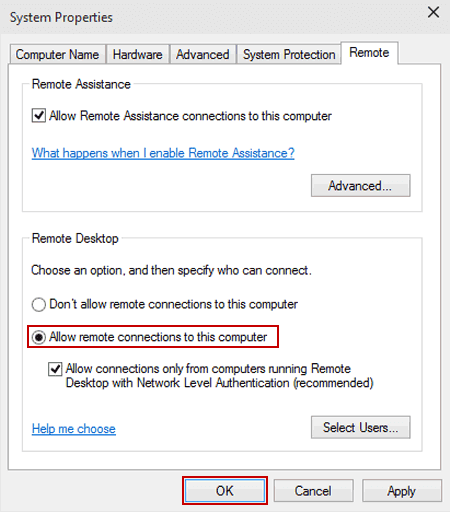 enable allow remote connections to this computer