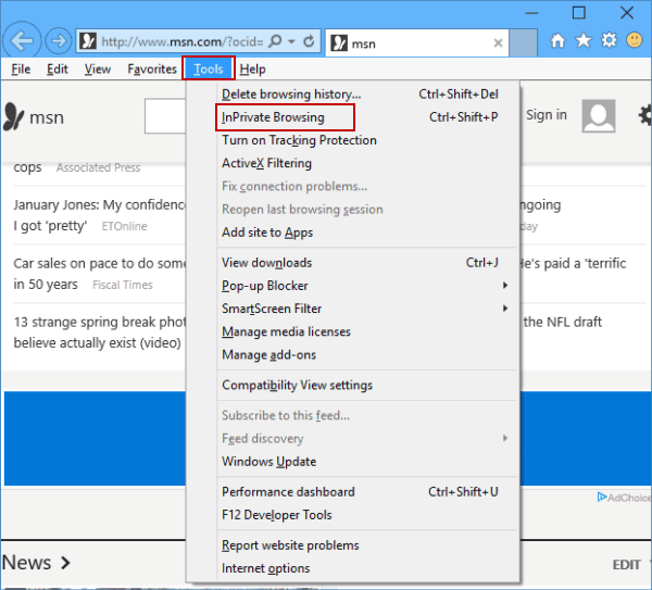 enable inprivate browsing in tools menu
