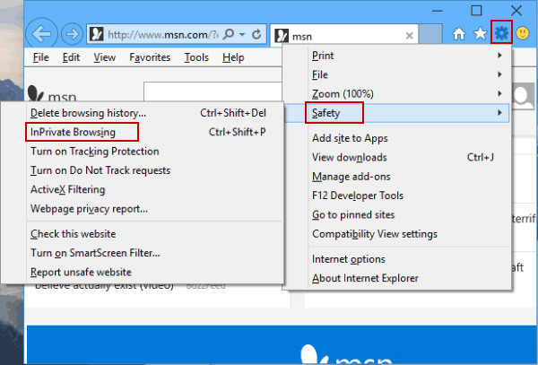 enable inprivate browsing via tools button