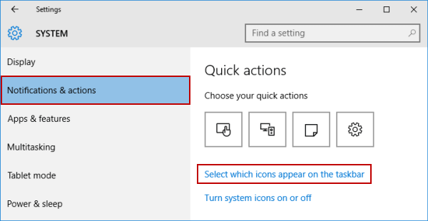 tap select which icons appear on the taskbar