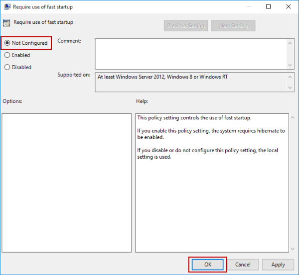do not configure fast startup setting