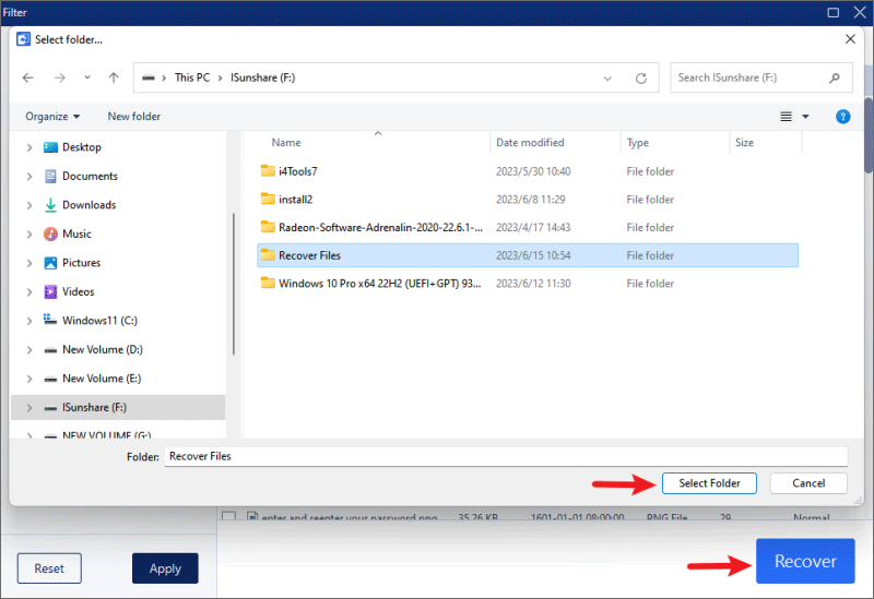 select a folder to save recover files