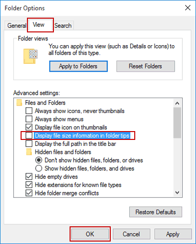 deselect display file size information in folder tip