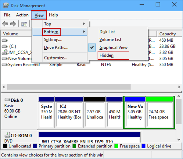 hide graphic view in disk management