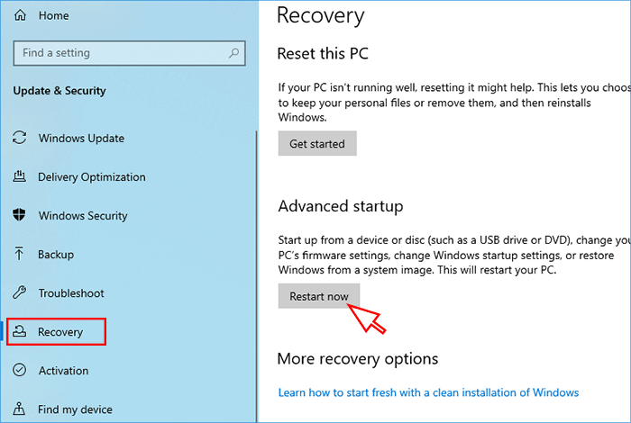 click Recovery and click Restart now in the Advanced startup section