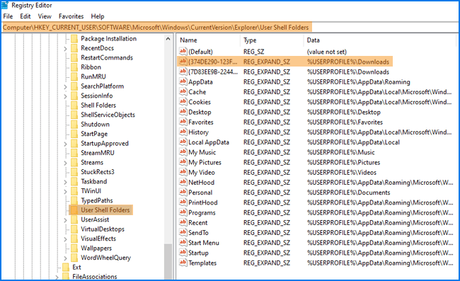 go to the key of user shell folders