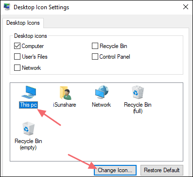 choose desktop icon and click change icon