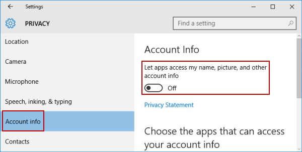 turn off account info setting
