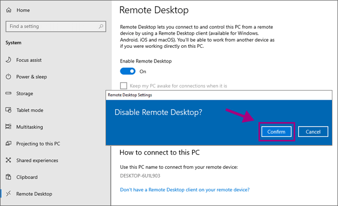 confirm to disable remote desktop