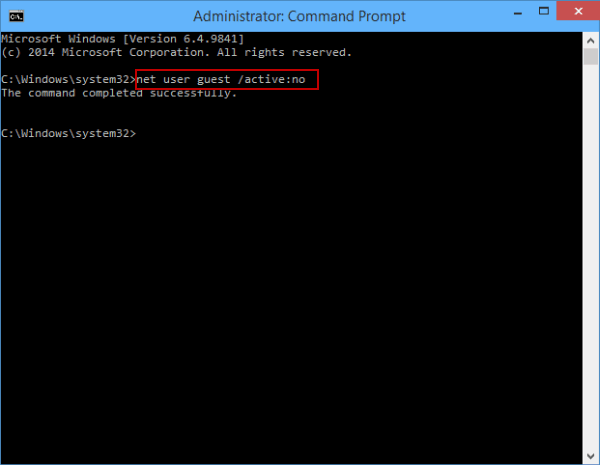 disable guest account command line