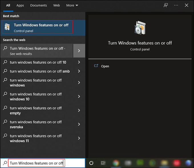 search for turn Windows features on or off