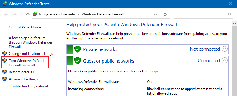 turn windows defender firewall on or off