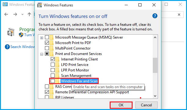 uncheck the option of windows fax and scan