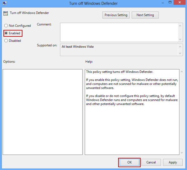 enable turn off Windows Defender setting