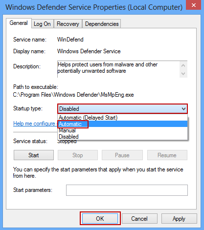 enable Windows defender in its service