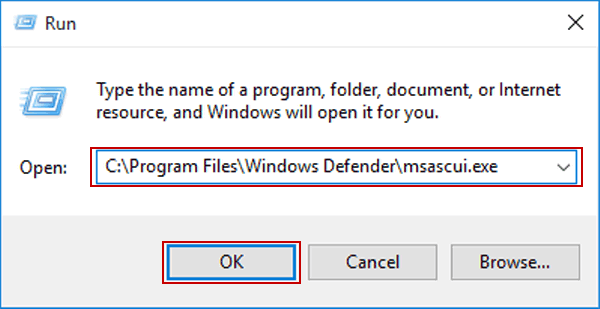 open Windows defender by run