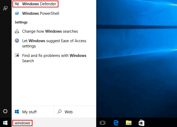open Windows defender by search