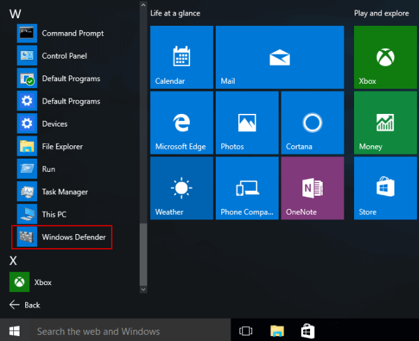 open Windows defender in start menu