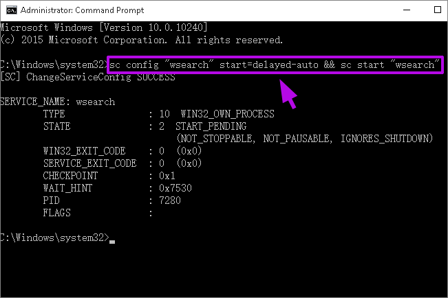 run command to enable windows search service