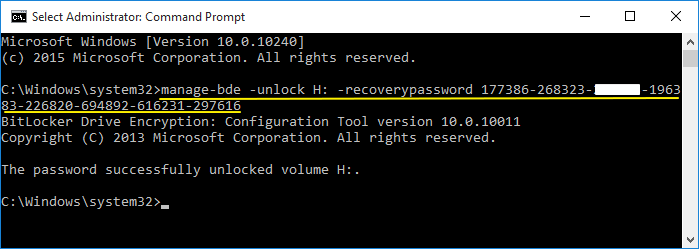 use recovery key to unlock bitlocker cmd