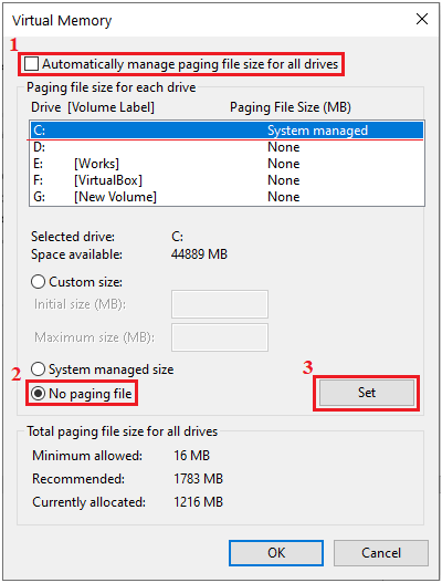 automatically manage paging file size
