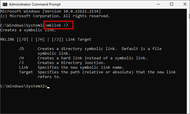 type mklink on the command prompt