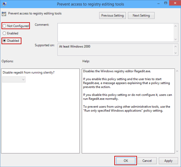 disable or do not configure the setting