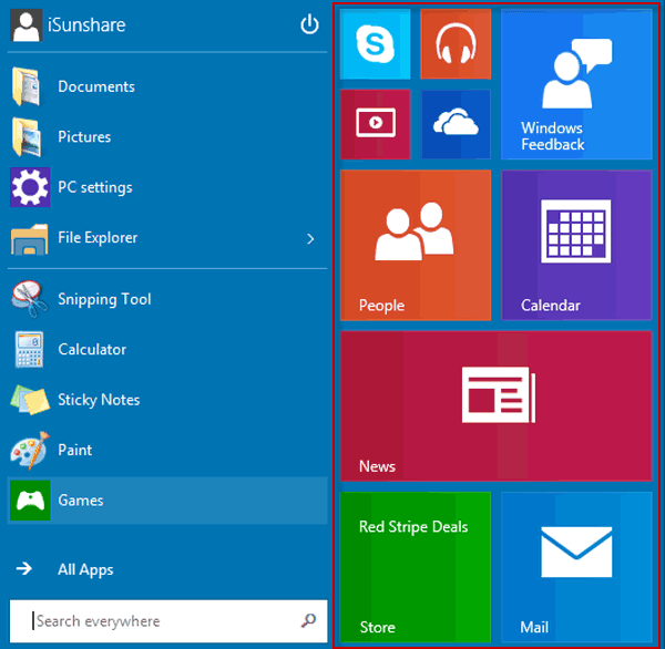 tiles on Windows 10 start menu