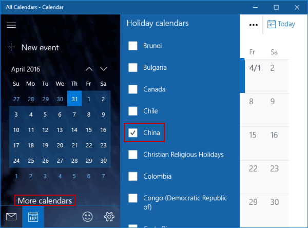 open more calendars and choose china