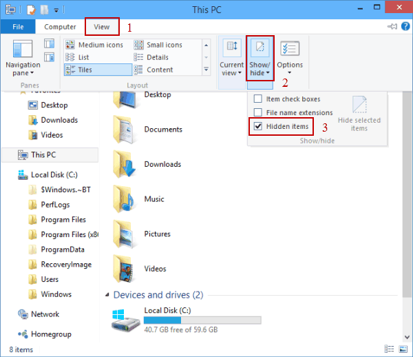 show hidden files and folders in view menu