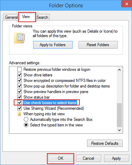 show check boxes in folder options
