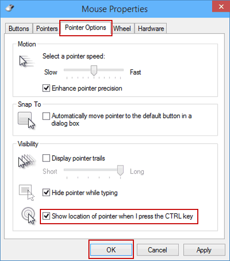 choose pointer location setting in pointer options