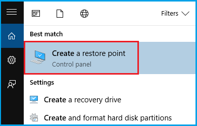 type create a restore point in the search blank