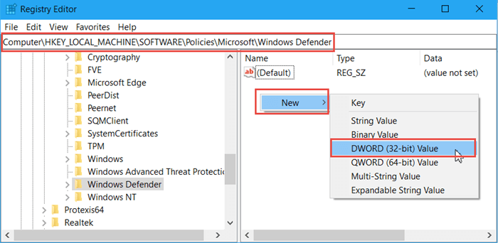 permanently disable windows defender by registry