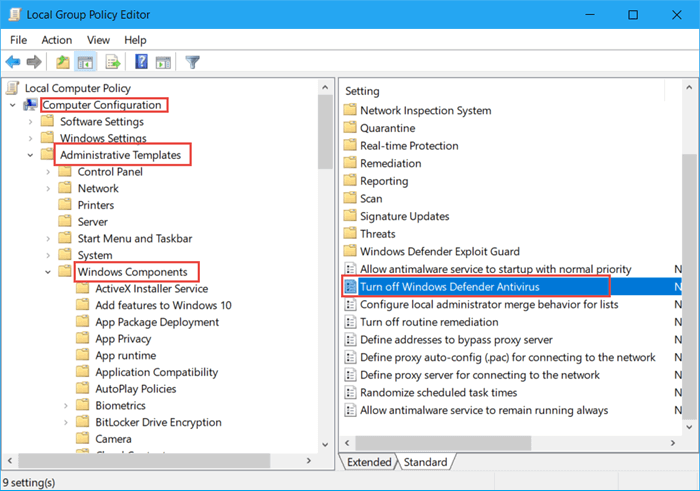 permanently disable windows defender in group editor